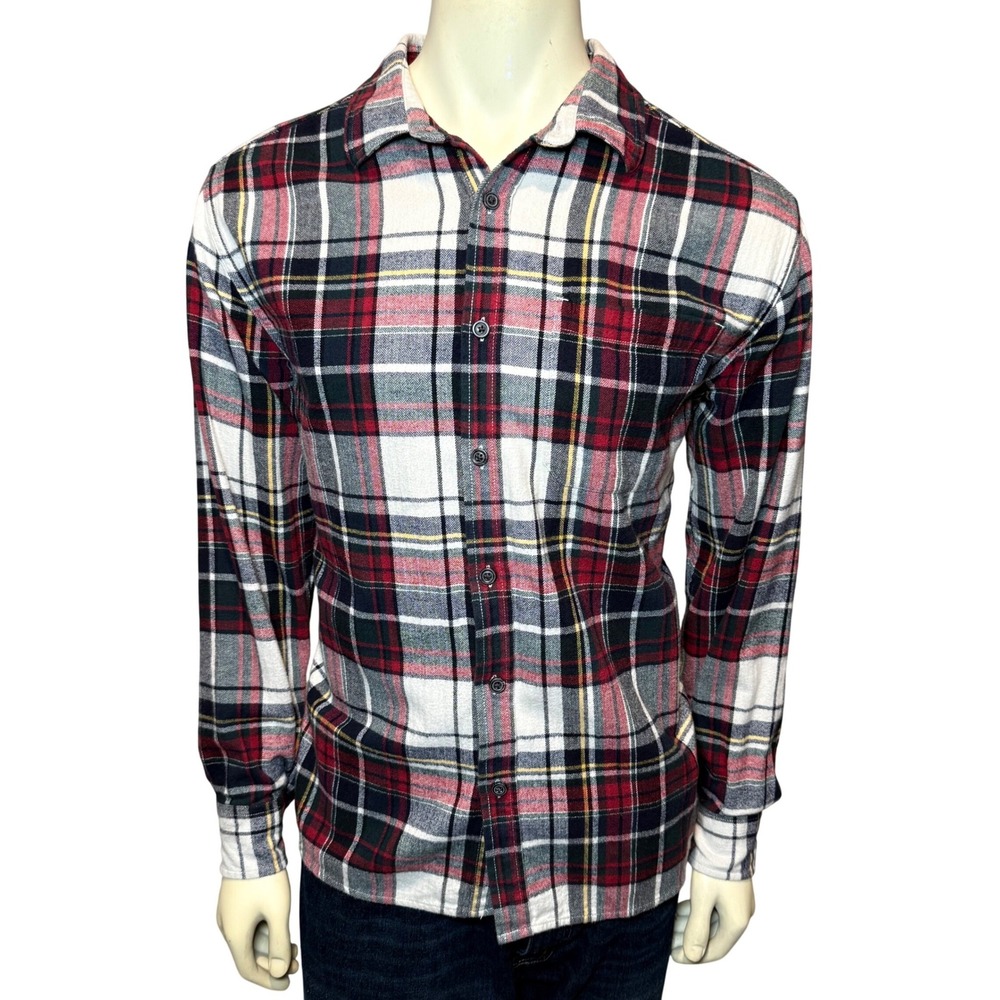 Eddie‎ Bauer Flannel Shirt Mens XL Red Grey Plaid Excellent Herringbone Cotton
